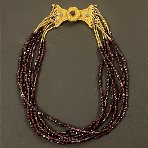 Antique 1800s Gold Victorian Bohemian Multi Strand Garnet Beaded Necklace - Picture 5 of 16